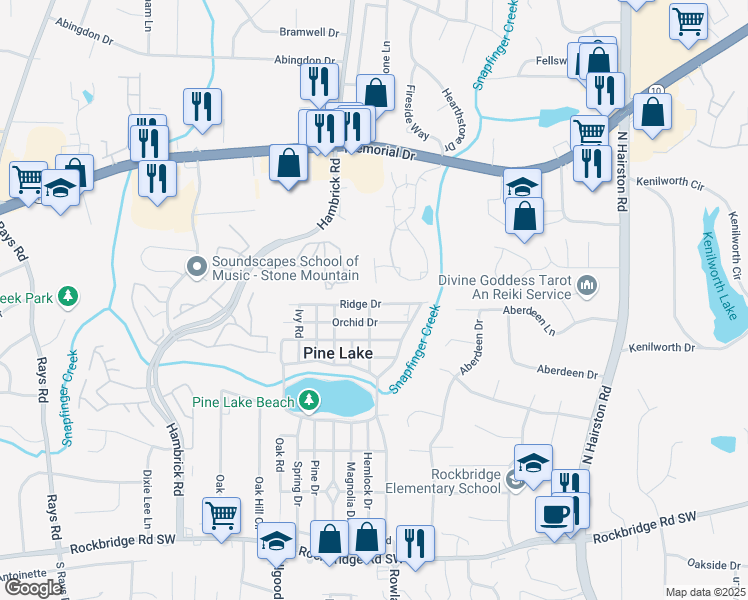 map of restaurants, bars, coffee shops, grocery stores, and more near 4648 Orchid Drive in Pine Lake