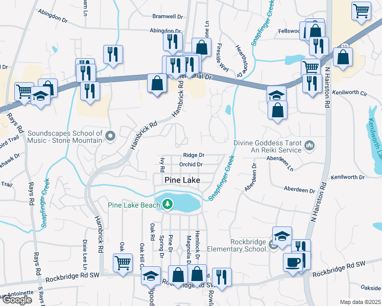 map of restaurants, bars, coffee shops, grocery stores, and more near 4614 Ridge Drive in Pine Lake