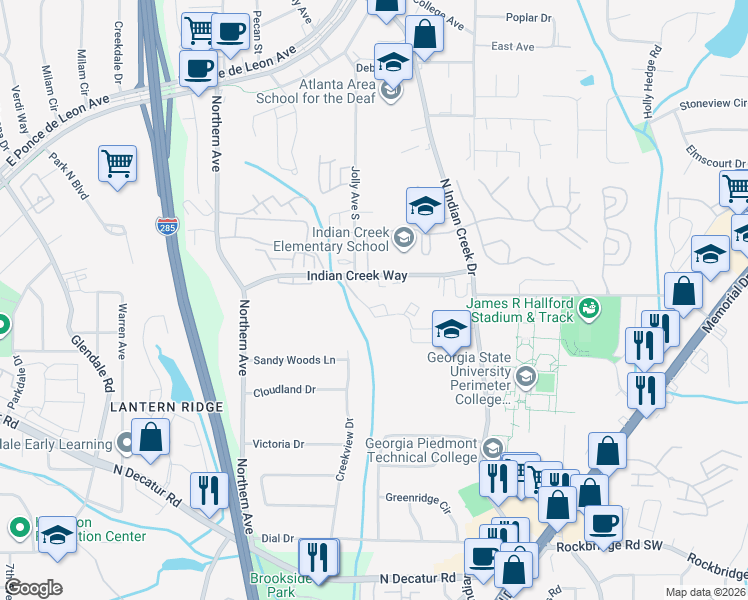 map of restaurants, bars, coffee shops, grocery stores, and more near 822 Ridge Creek Drive in Clarkston