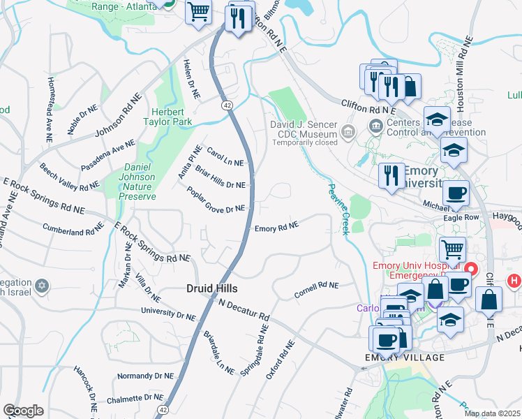 map of restaurants, bars, coffee shops, grocery stores, and more near 1346 Emory Road Northeast in Atlanta