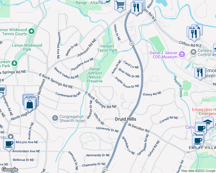 map of restaurants, bars, coffee shops, grocery stores, and more near 1425 Rock Springs Circle Northeast in Atlanta