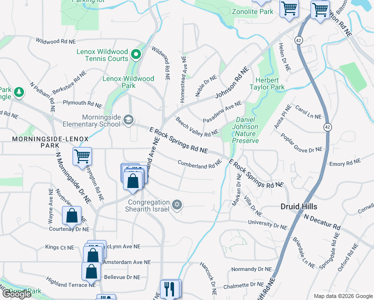 map of restaurants, bars, coffee shops, grocery stores, and more near 1207 East Rock Springs Road Northeast in Atlanta