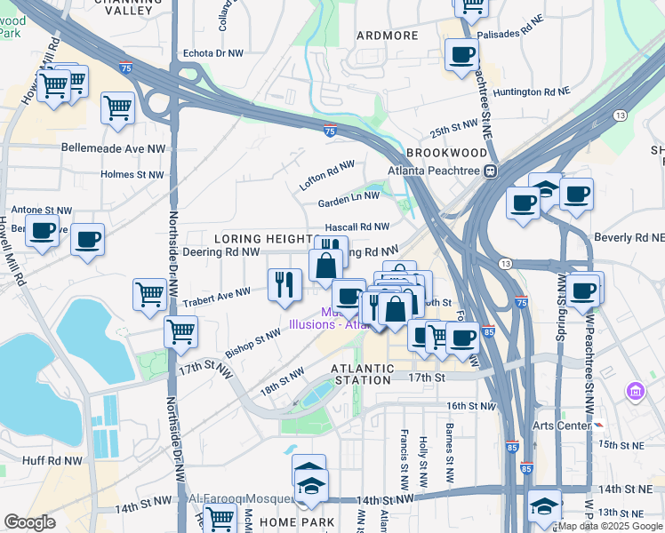map of restaurants, bars, coffee shops, grocery stores, and more near 1468 Mecaslin Street Northwest in Atlanta