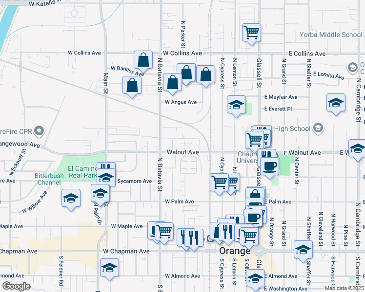 map of restaurants, bars, coffee shops, grocery stores, and more near 520 North Parker Street in Orange