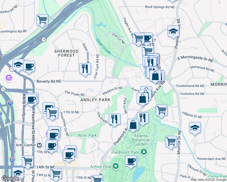 map of restaurants, bars, coffee shops, grocery stores, and more near 75 Maddox Drive Northeast in Atlanta
