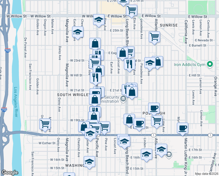 map of restaurants, bars, coffee shops, grocery stores, and more near 2075 Pine Avenue in Long Beach