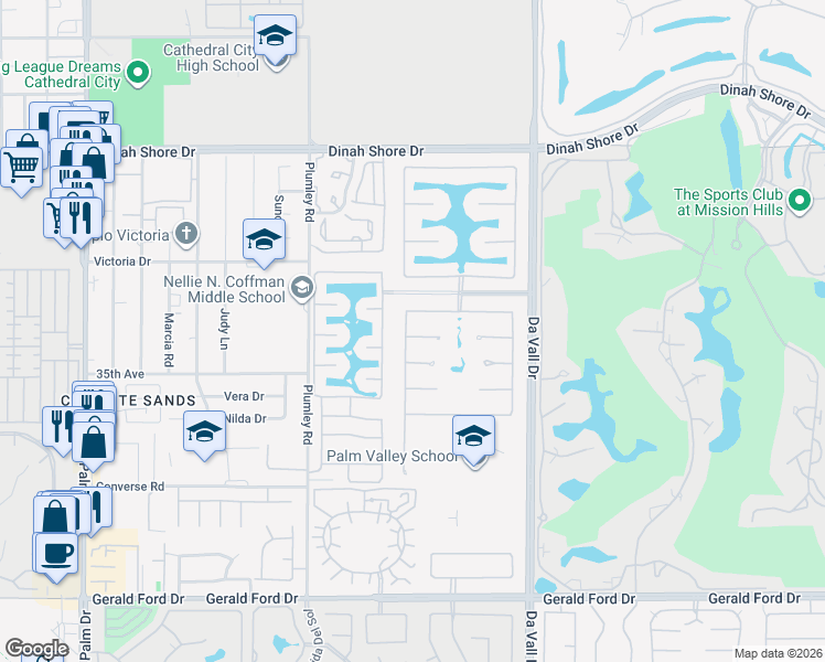 map of restaurants, bars, coffee shops, grocery stores, and more near 35101 Vista Del Aqua in Rancho Mirage