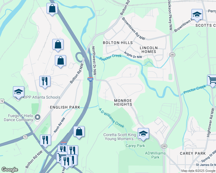 map of restaurants, bars, coffee shops, grocery stores, and more near 2857 Regal Park Drive Northwest in Atlanta
