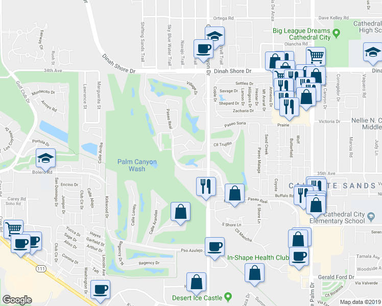 map of restaurants, bars, coffee shops, grocery stores, and more near 68415 Camino Jalan in Cathedral City
