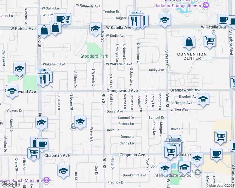 map of restaurants, bars, coffee shops, grocery stores, and more near 11511 Margie Lane in Garden Grove