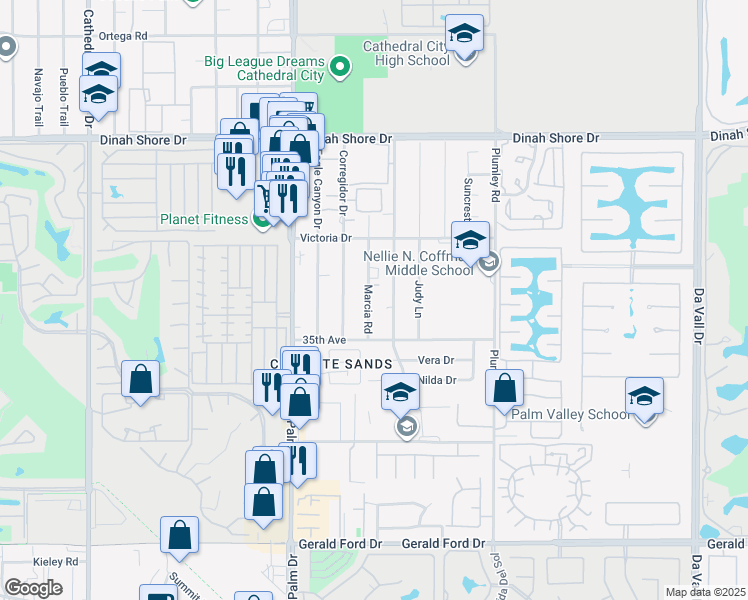 map of restaurants, bars, coffee shops, grocery stores, and more near 34750 Marcia Road in Cathedral City