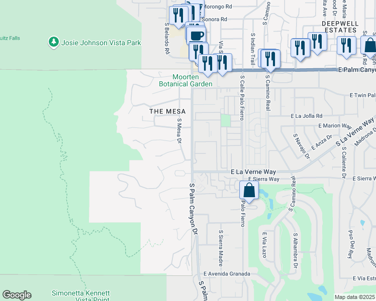 map of restaurants, bars, coffee shops, grocery stores, and more near 1978 South Mesa Drive in Palm Springs