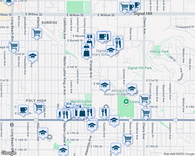 map of restaurants, bars, coffee shops, grocery stores, and more near 1211 East Leigh Court in Long Beach