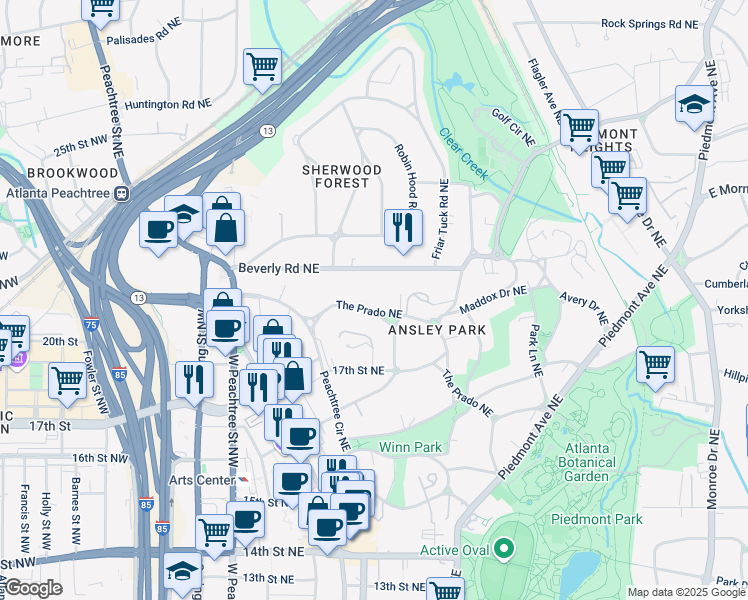 map of restaurants, bars, coffee shops, grocery stores, and more near 235 The Prado Northeast in Atlanta