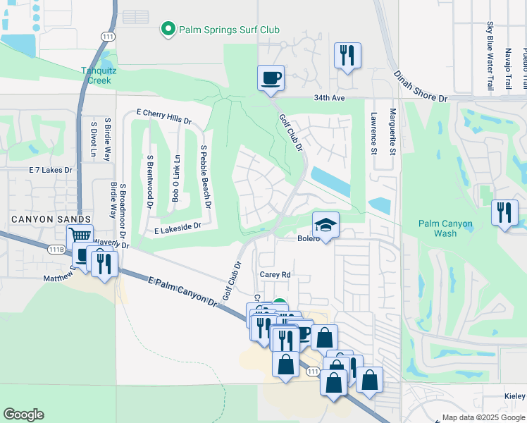 map of restaurants, bars, coffee shops, grocery stores, and more near 5793 Los Coyotes Drive in Palm Springs