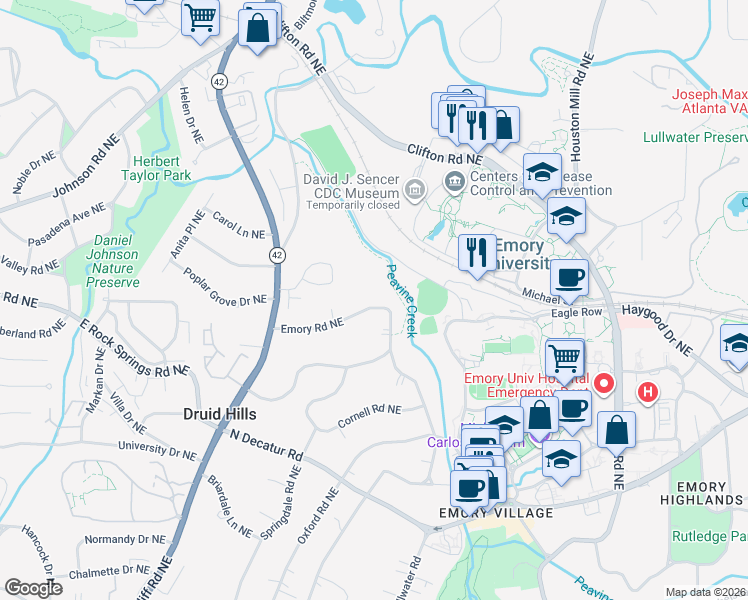 map of restaurants, bars, coffee shops, grocery stores, and more near 1424 Emory Road Northeast in Atlanta