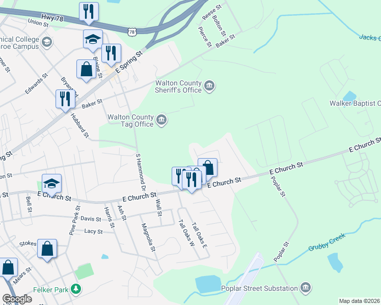 map of restaurants, bars, coffee shops, grocery stores, and more near 516 Chestnut Lane in Monroe