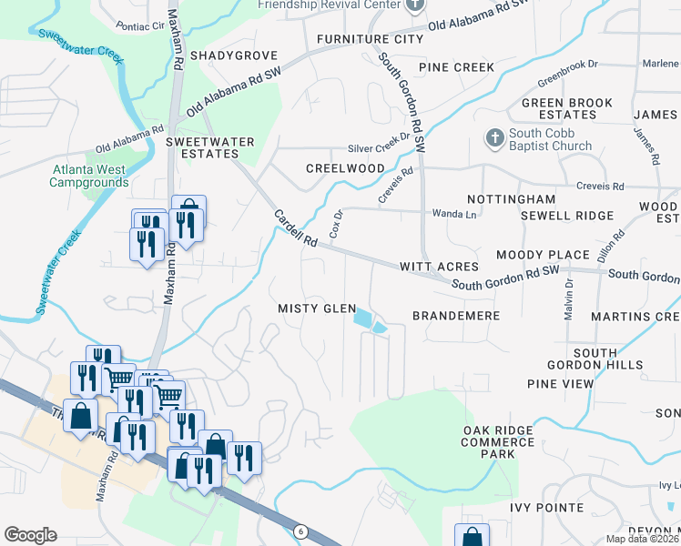 map of restaurants, bars, coffee shops, grocery stores, and more near 2015 McEwen Circle in Austell