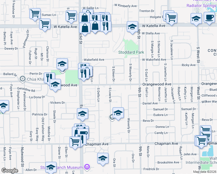 map of restaurants, bars, coffee shops, grocery stores, and more near 1617 West Lorane Way in Anaheim