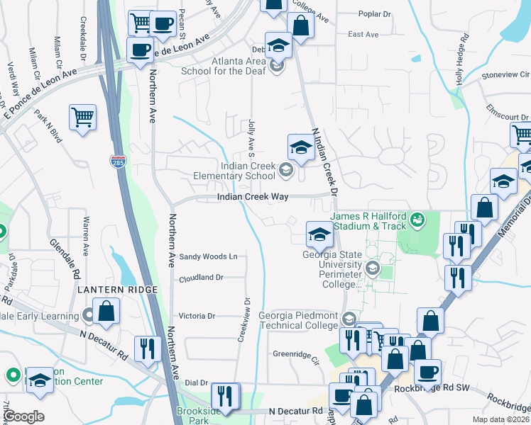 map of restaurants, bars, coffee shops, grocery stores, and more near 822 Ridge Creek Drive in Clarkston