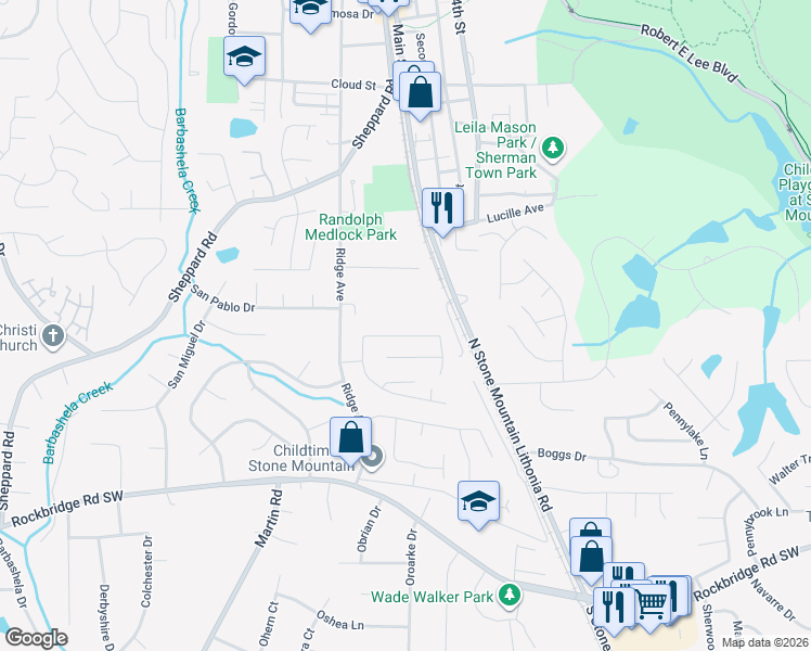 map of restaurants, bars, coffee shops, grocery stores, and more near 5249 Ridge Forest Drive in Stone Mountain