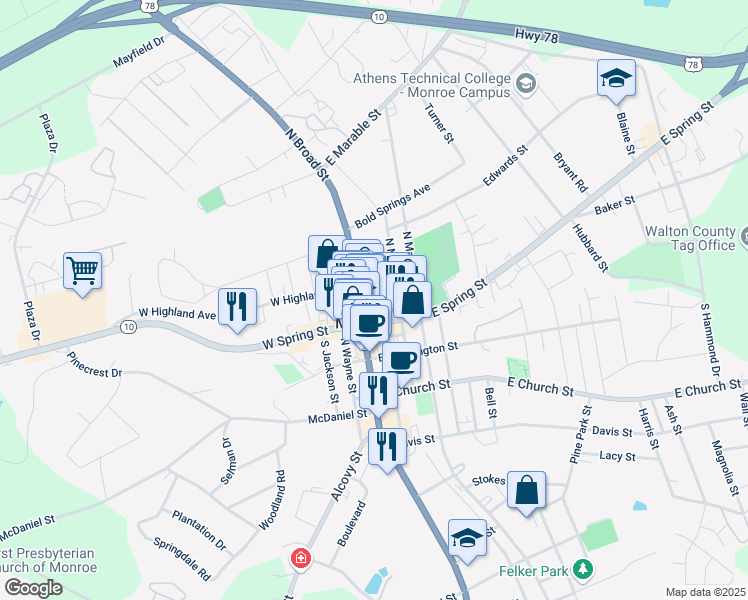 map of restaurants, bars, coffee shops, grocery stores, and more near 127 North Lumpkin Street in Monroe