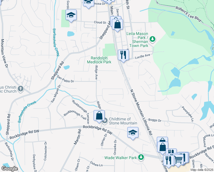 map of restaurants, bars, coffee shops, grocery stores, and more near 5275 Ridge Forest Drive in Stone Mountain
