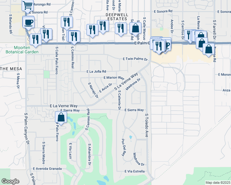 map of restaurants, bars, coffee shops, grocery stores, and more near 1173 South La Verne Way in Palm Springs
