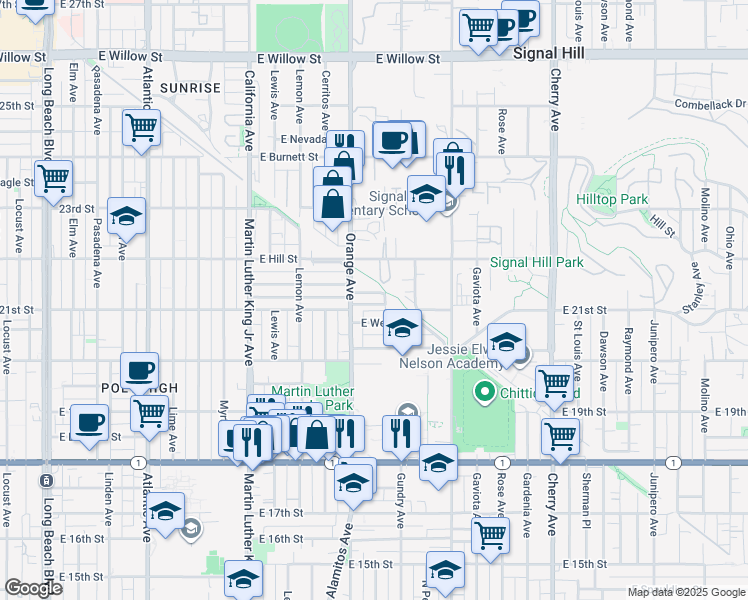 map of restaurants, bars, coffee shops, grocery stores, and more near 1211 East Leigh Court in Long Beach