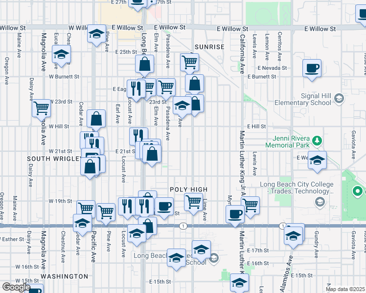 map of restaurants, bars, coffee shops, grocery stores, and more near 2112 Linden Avenue in Long Beach