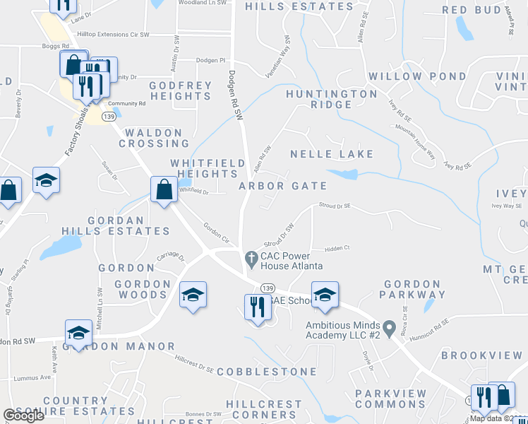 map of restaurants, bars, coffee shops, grocery stores, and more near 6620 Arbor Gate Drive Southwest in Mableton