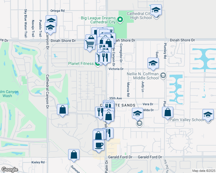 map of restaurants, bars, coffee shops, grocery stores, and more near 851 Standing Bear in Cathedral City