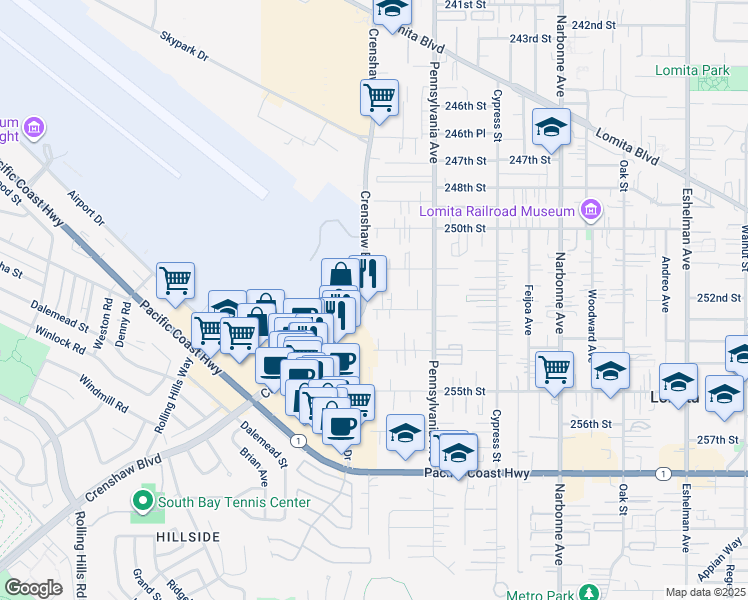 map of restaurants, bars, coffee shops, grocery stores, and more near 2477 West 253rd Street in Lomita