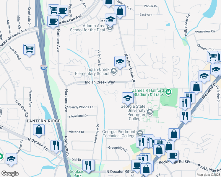 map of restaurants, bars, coffee shops, grocery stores, and more near 500 Ridge Creek Drive in Clarkston