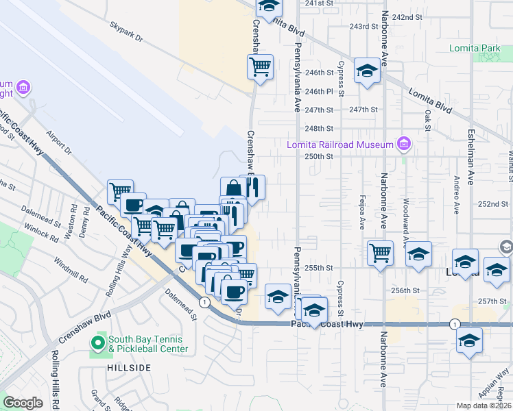 map of restaurants, bars, coffee shops, grocery stores, and more near 2475 West 253rd Street in Lomita