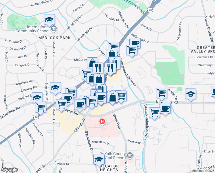 map of restaurants, bars, coffee shops, grocery stores, and more near 2600 Milscott Drive in Decatur
