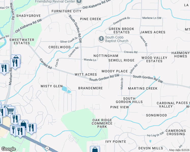 map of restaurants, bars, coffee shops, grocery stores, and more near 1614 Brandemere Lane in Austell