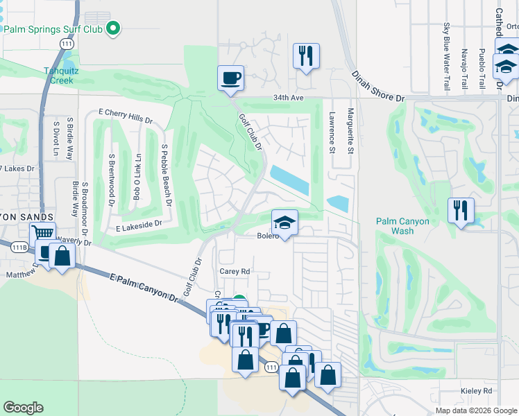 map of restaurants, bars, coffee shops, grocery stores, and more near 6000 East Driver Road in Palm Springs