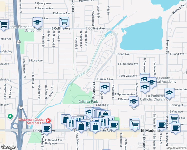 map of restaurants, bars, coffee shops, grocery stores, and more near 533 North Pageant Drive in Orange