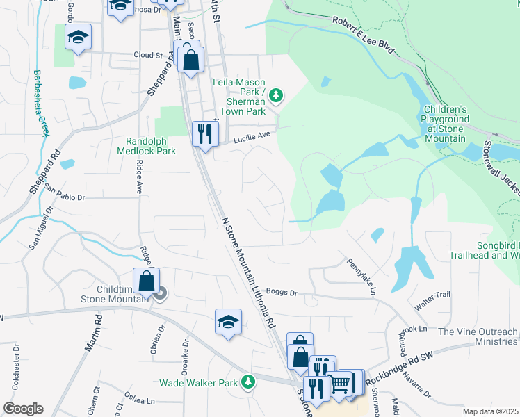 map of restaurants, bars, coffee shops, grocery stores, and more near 5474 Pepperwood Court in Stone Mountain