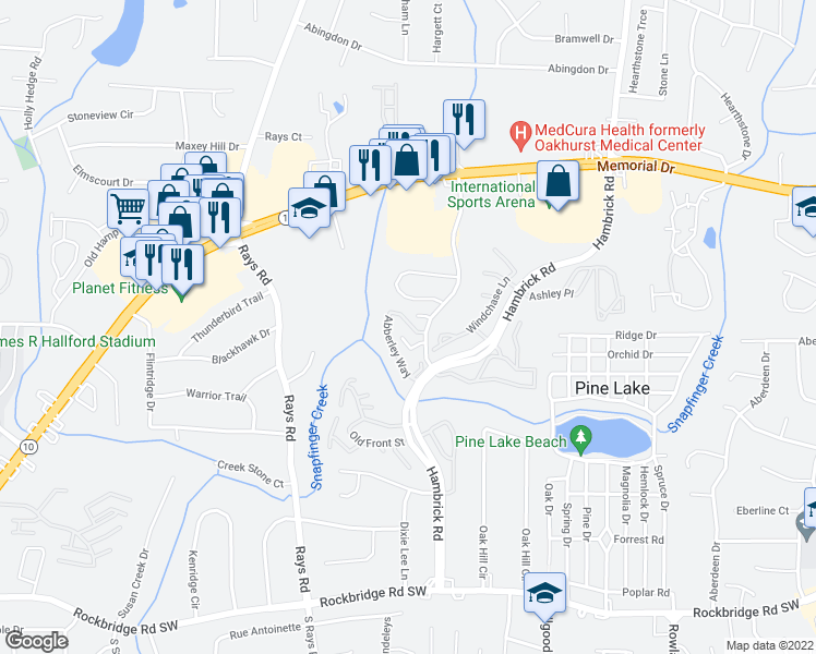 map of restaurants, bars, coffee shops, grocery stores, and more near 600 Hambrick Road in Stone Mountain