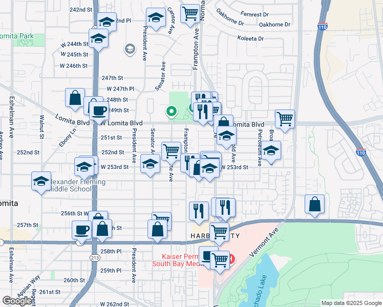map of restaurants, bars, coffee shops, grocery stores, and more near 25200 Frampton Avenue in Los Angeles