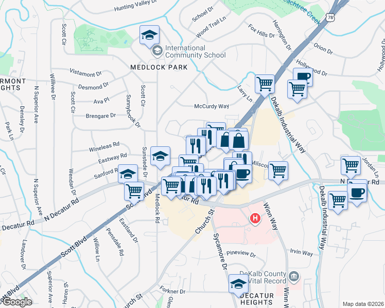 map of restaurants, bars, coffee shops, grocery stores, and more near 1591 Scott Boulevard in Decatur