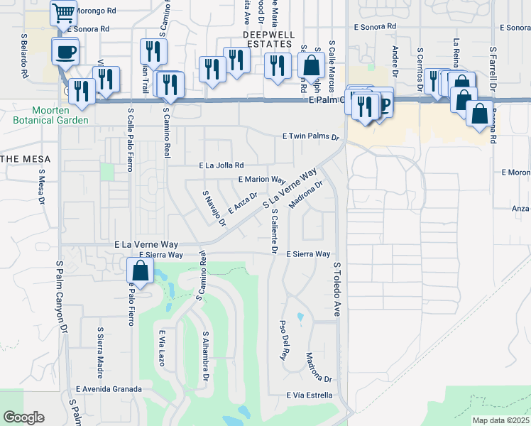 map of restaurants, bars, coffee shops, grocery stores, and more near 1173 South La Verne Way in Palm Springs