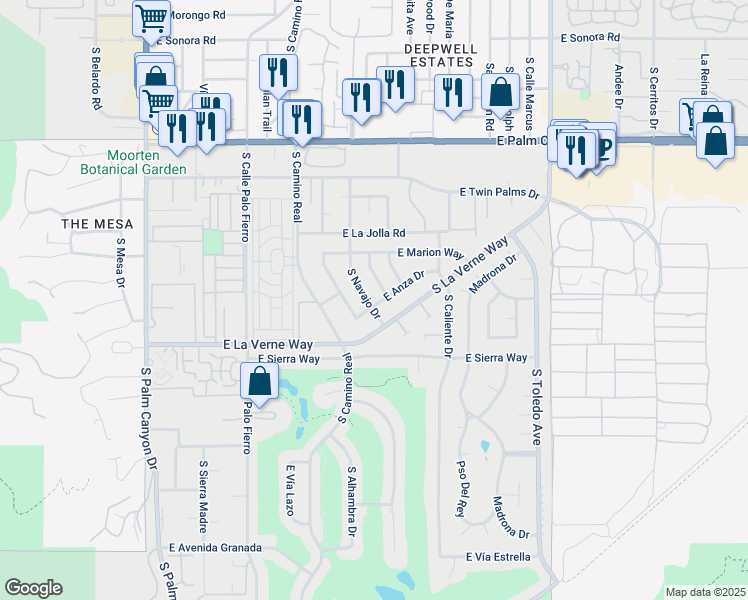 map of restaurants, bars, coffee shops, grocery stores, and more near 1992 South Navajo Drive in Palm Springs