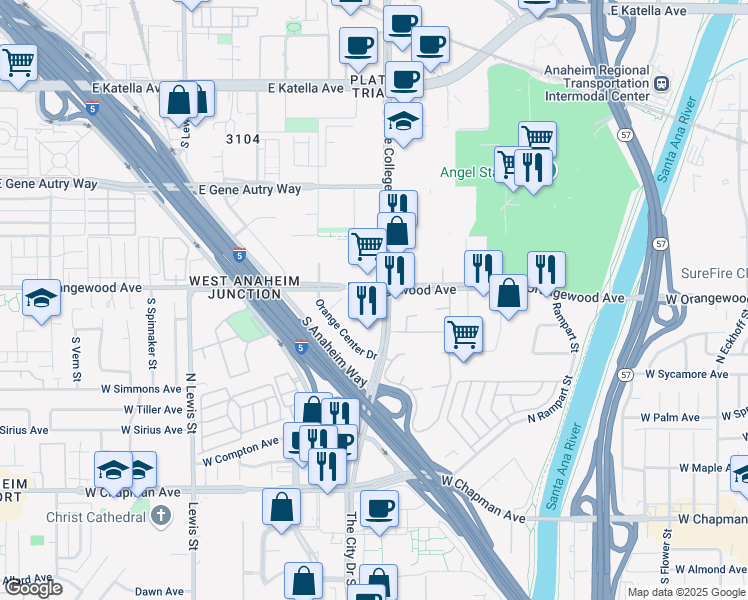 map of restaurants, bars, coffee shops, grocery stores, and more near 500 North State College Boulevard in Orange