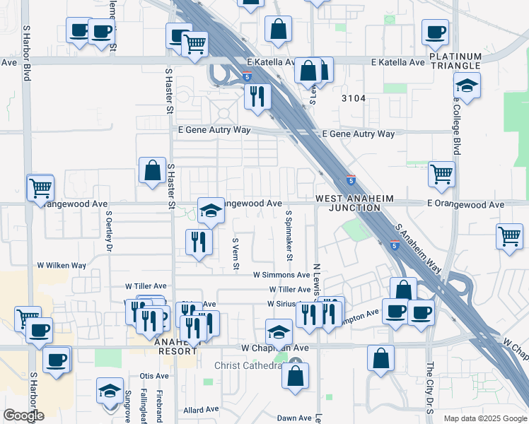 map of restaurants, bars, coffee shops, grocery stores, and more near 2128 South Jetty Drive in Anaheim