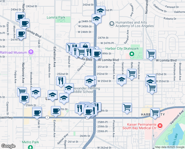 map of restaurants, bars, coffee shops, grocery stores, and more near 1709 West 253rd Street in Lomita