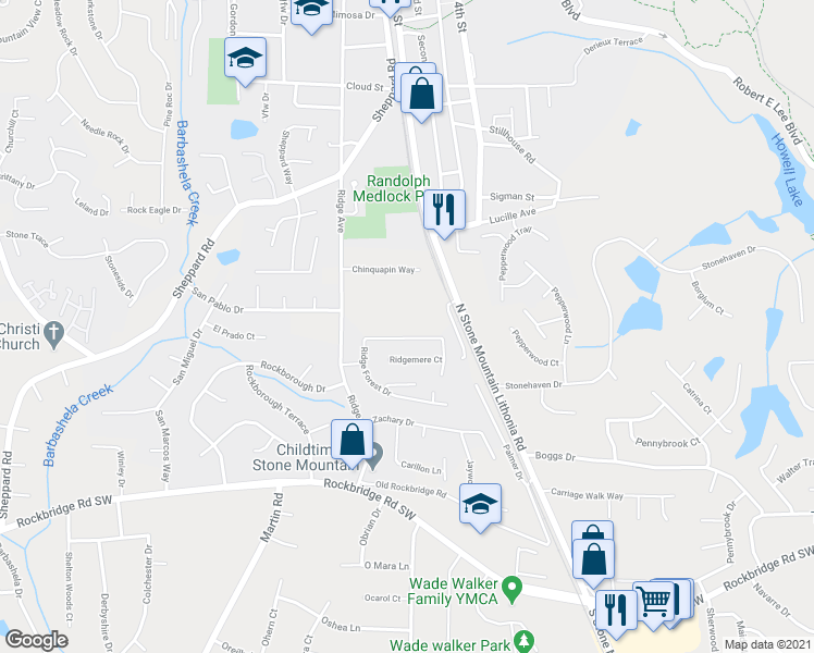 map of restaurants, bars, coffee shops, grocery stores, and more near 5249 Ridge Forest Drive in Stone Mountain