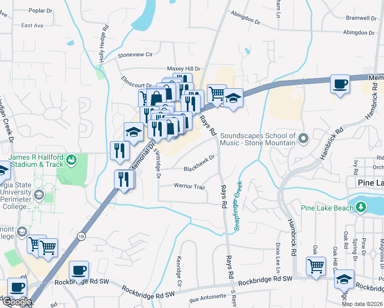 map of restaurants, bars, coffee shops, grocery stores, and more near 4117 Thunderbird Trail in Stone Mountain